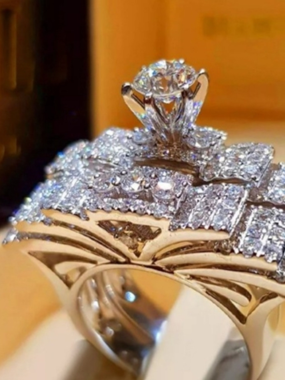 White Gold Plated With CZ Diamond Cluster Engagement Ring - - Picture 2 of 4